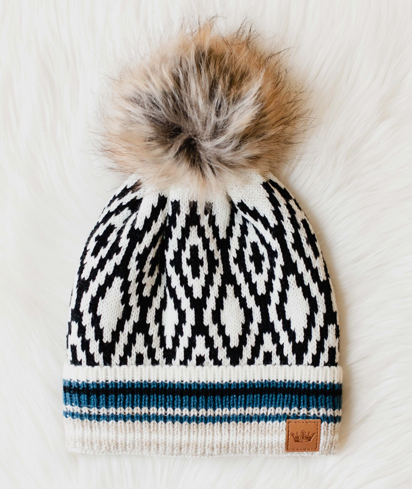 White, Black, Blue & Tan Patterned Pom Hat