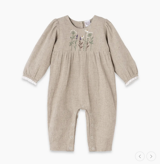 Embroidered Linen Baby Romper – Cotton Blend Vintage Style
