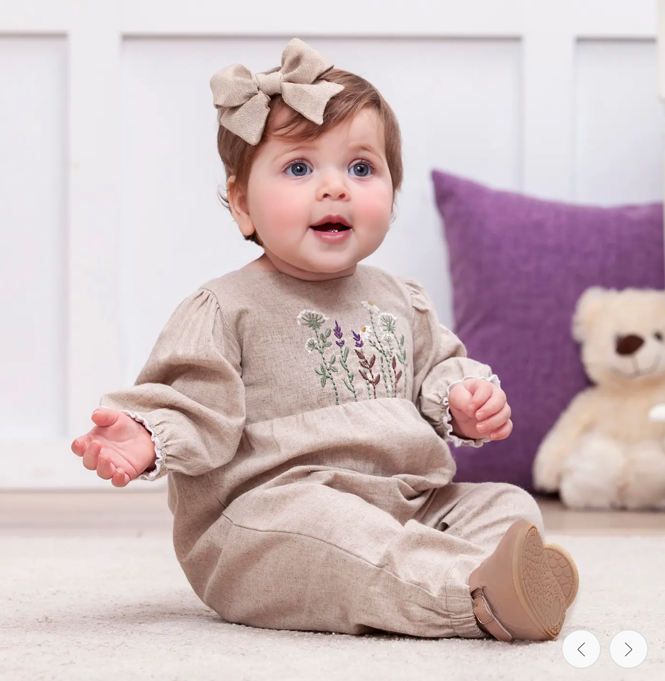 Embroidered Linen Baby Romper – Cotton Blend Vintage Style