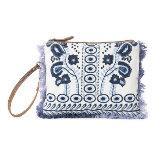 Mynora Sky Embroided Pouch in Artisanal Blue