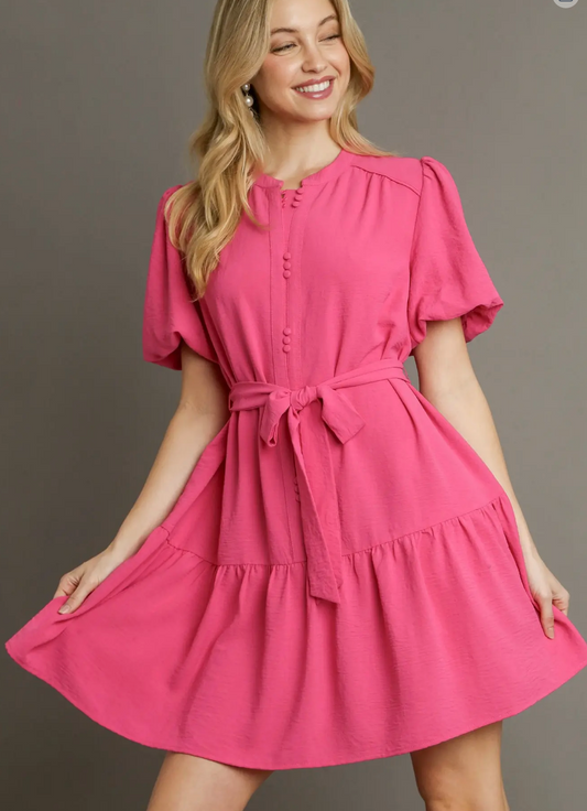Belle Button Gathered Dress with Bow