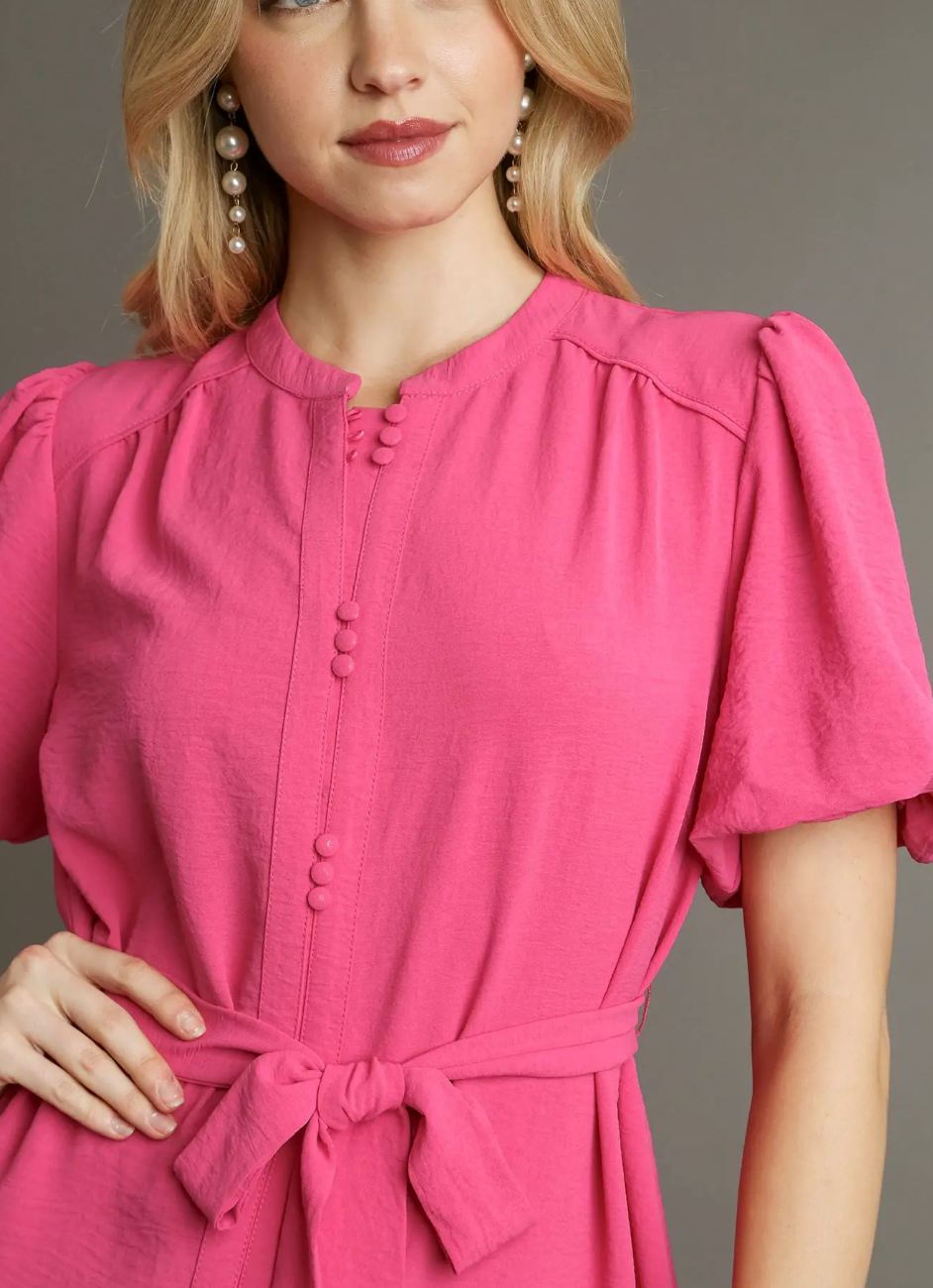 Belle Button Gathered Dress with Bow